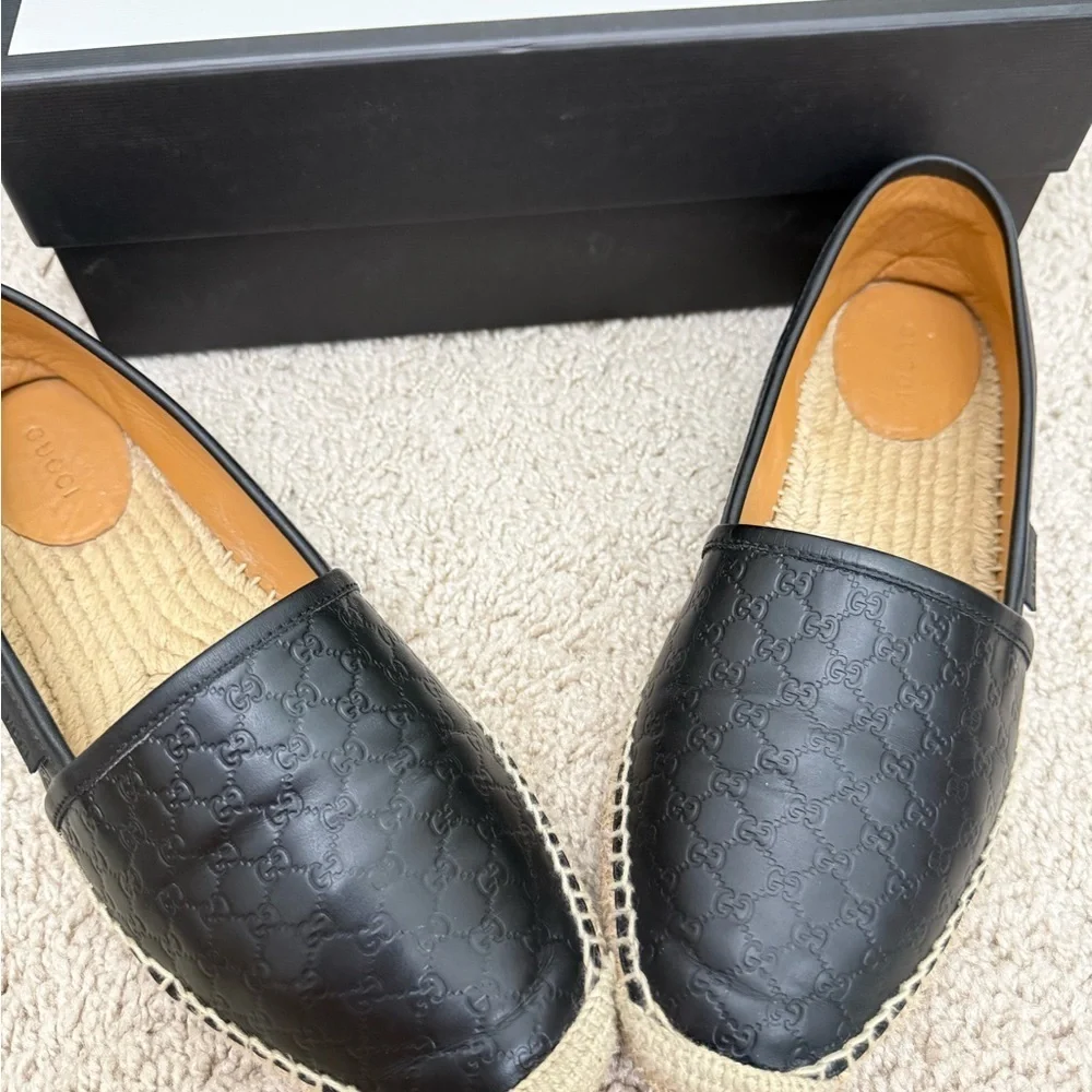 Gucci Black Embossed Leather Espadrilles